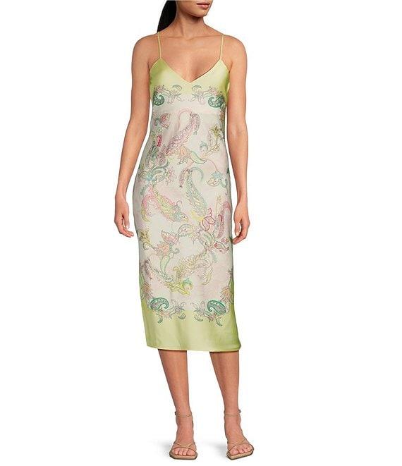 Gianni Bini Harper Satin Printed V-Neck Sleeveless Slip Midi Dress Product Image