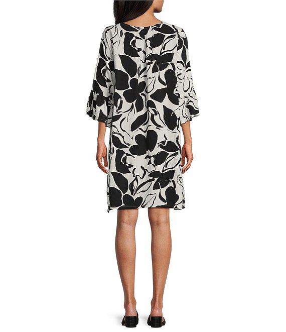 Bryn Walker Woven Phryne Flower Petal Print Round Neck 3/4 Sleeve Shift Dress Product Image