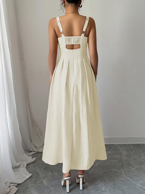 A-line High Waisted Backless Hollow Pleated Solid Color Zipper Spaghetti-Neck Midi Dresses Product Image