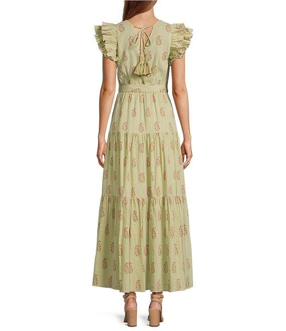 A Loves A Floral Metallic Striped Print Surplice V-Neck Short Ruffled Sleeve Tiered Maxi Dress Product Image