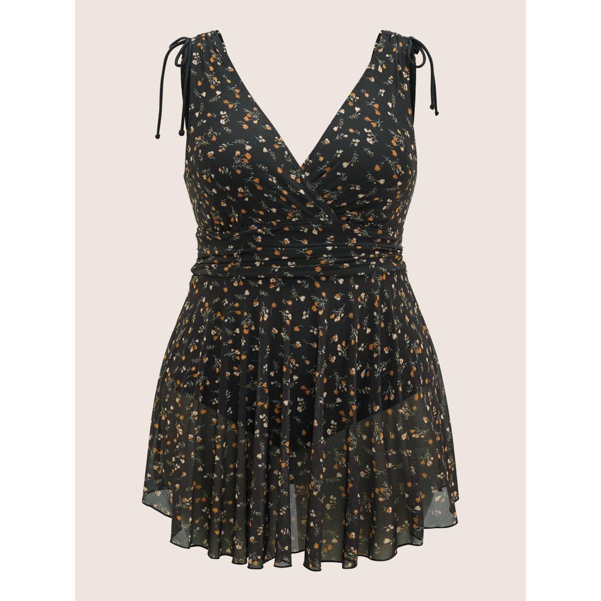 Plus Size Ditsy Floral Mesh Drawstring Swim Dress Women's Swimwear Black Beach Bodycon V-neck High stretch Curve Swim Dresses BloomChic 22-24/3X Product Image