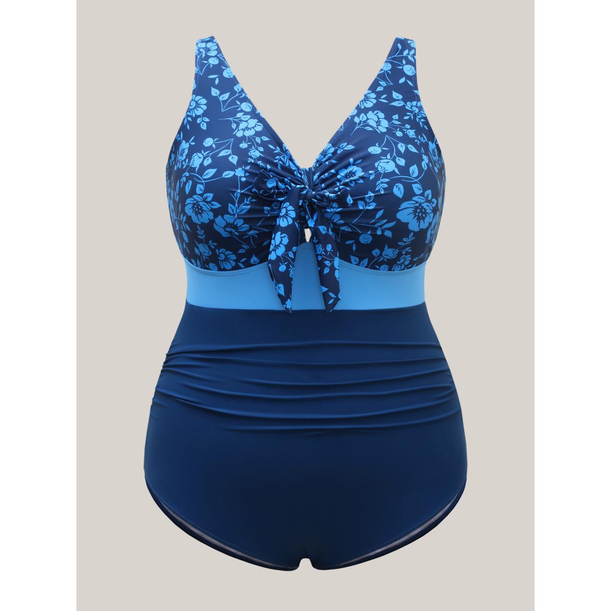 Plus Size Floral Front-Knot One-Piece Swimsuit Women's Swimwear Indigo Beach Gathered Curve Bathing Suits High stretch One Pieces BloomChic 10/M Product Image