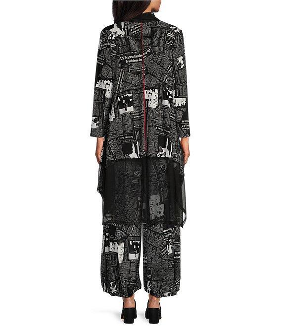 IC Collection Mesh Newspaper Print Open Front Long Sleeve Drape Hem Jacket Product Image