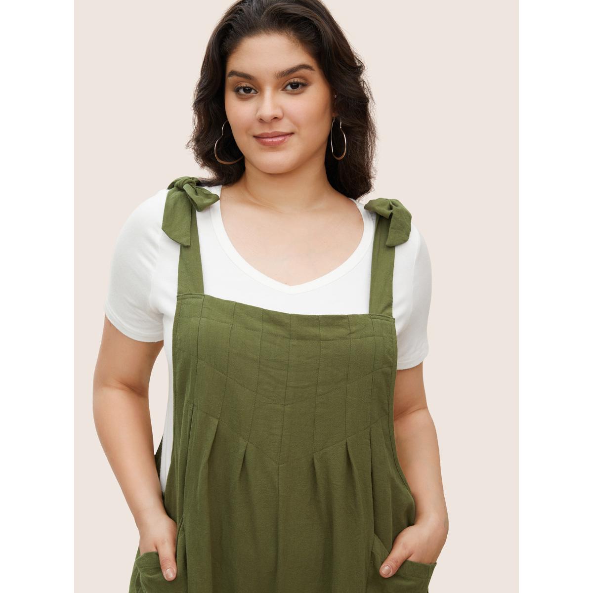 Plus Size ArmyGreen Solid Pleated Detail Pocket Knotted Shoulder Overall Jumpsuit Women Casual Sleeveless Non Everyday Loose Jumpsuits BloomChic 30/6X Product Image