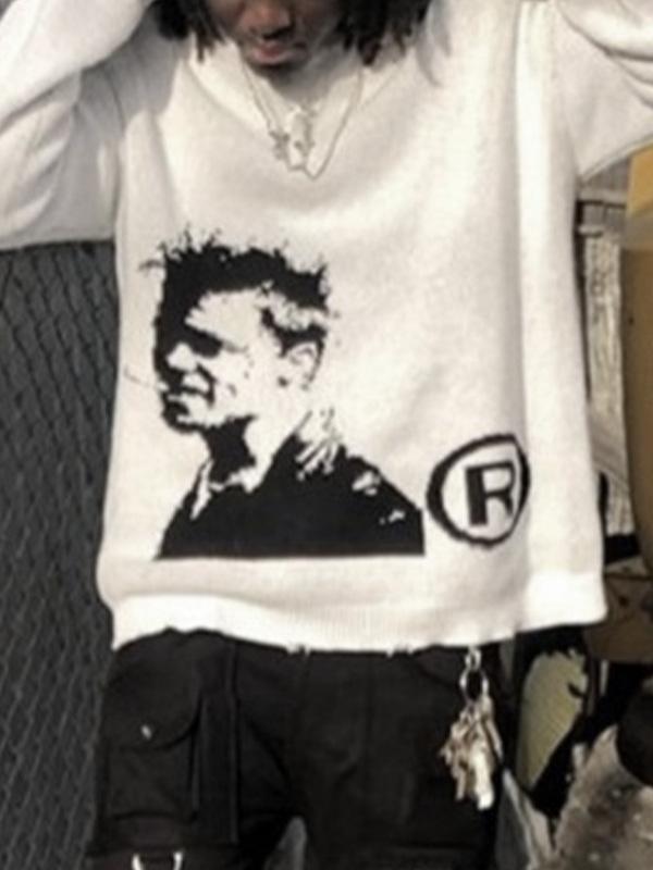 Men's Portrait Print Crew Neck Sweater Product Image