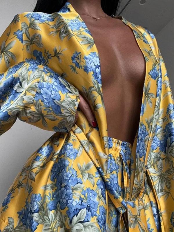 Loose Printed Split-Joint Deep V-Neck Lace-Up Blouse + Drawstring Elasticity Pants Trousers Two Pieces Set Product Image