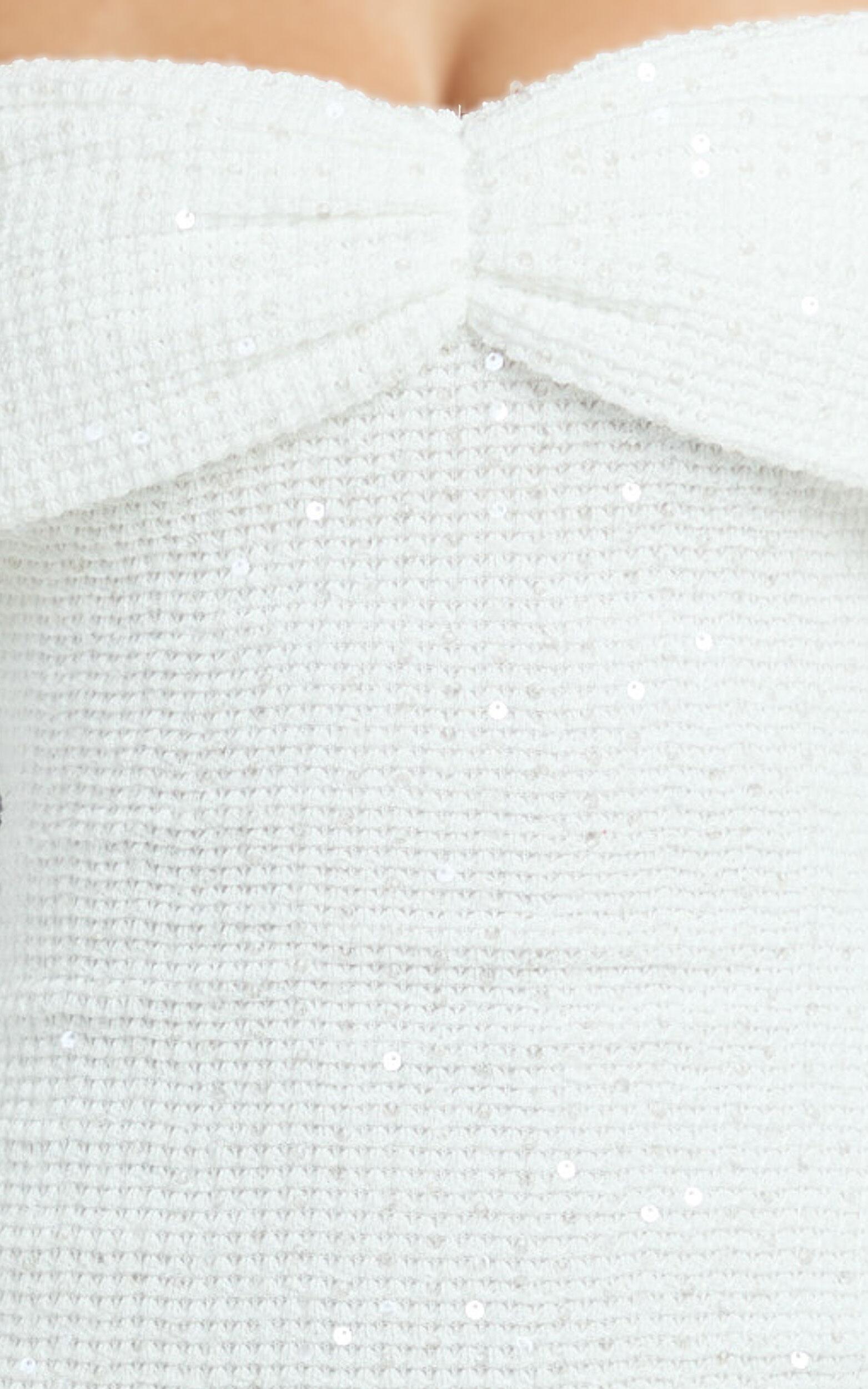 Virginia Mini Dress - Off Shoulder Sheer Sequin Knit Dress in White Product Image