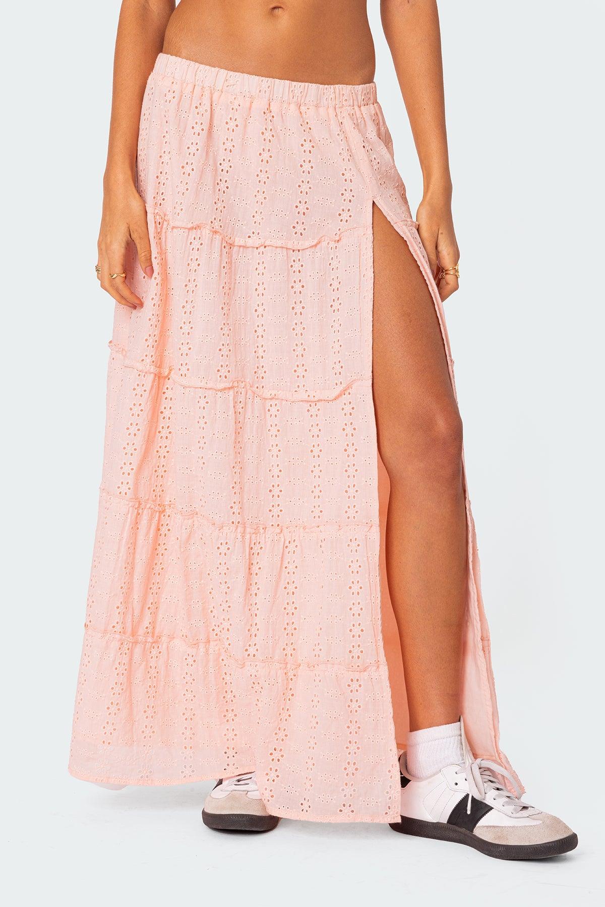 Tiered Eyelet Slitted Maxi Skirt Product Image