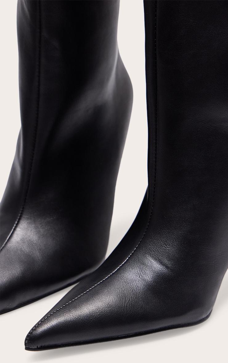 Black PU Point Toe Stiletto Knee High Heeled Boots Product Image