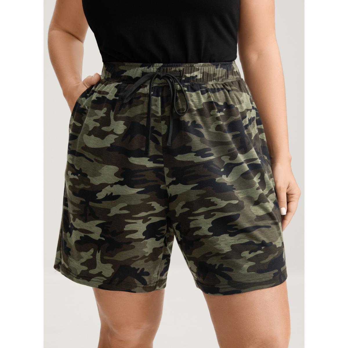 Plus Size Camouflage Print Drawstring Straight-Leg Shorts Women ArmyGreen Casual Drawstring Straight Leg Everyday-Casual Shorts BloomChic 14-16/1X Product Image