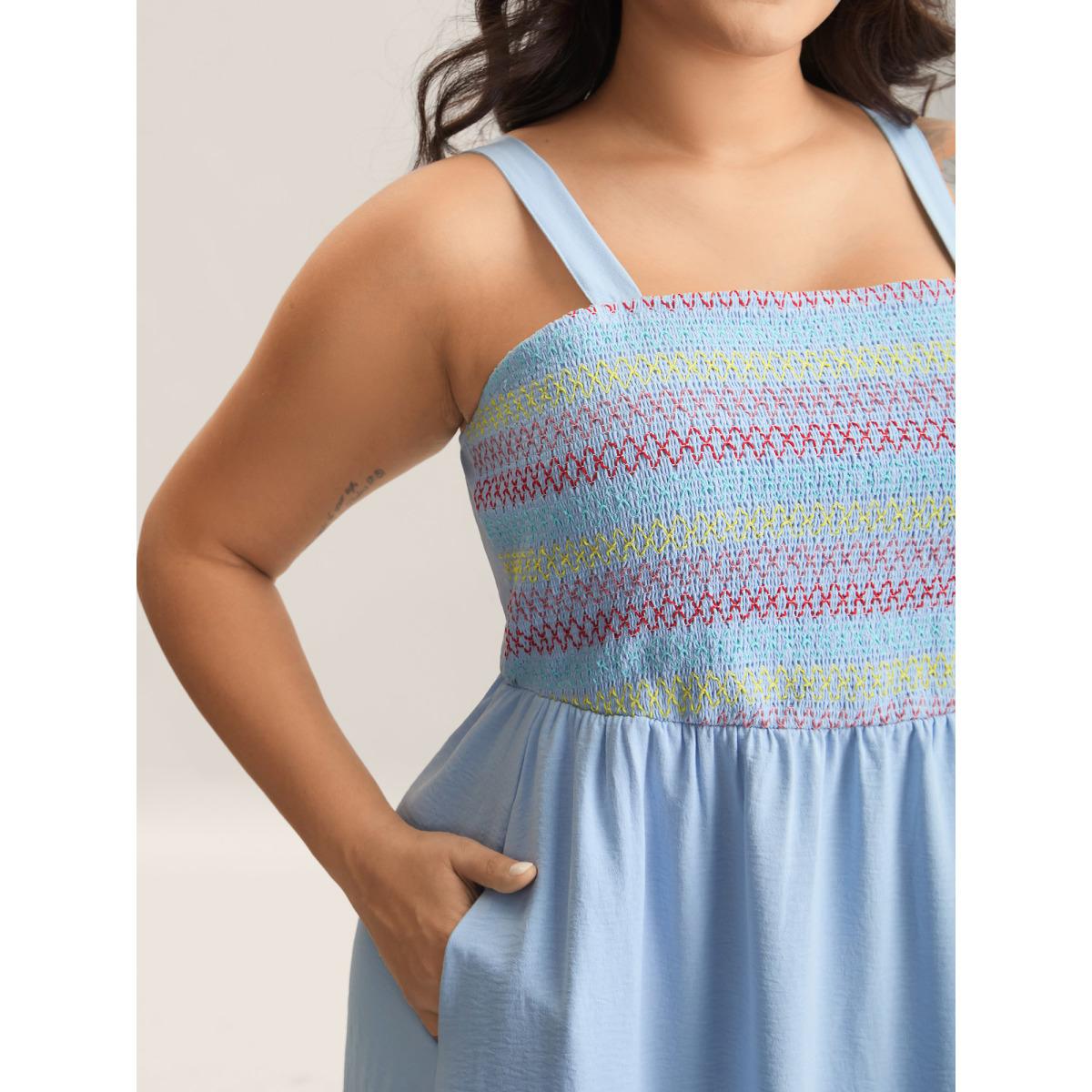 Plus Size Shirred Adjustable Straps Tiered Midi Dress LightBlue Women Non Sleeveless Curvy BloomChic 14-16/1X Product Image