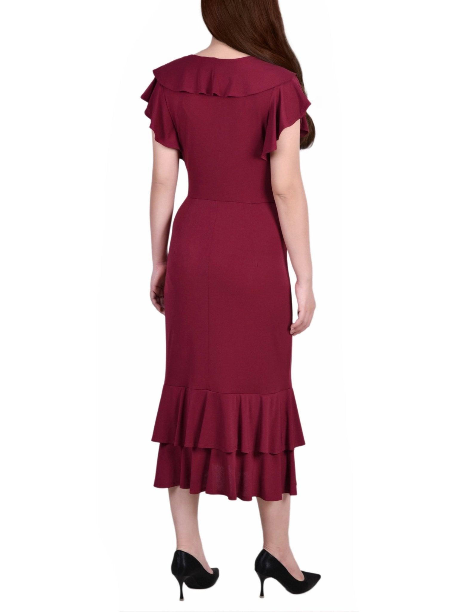 Deep Burgundy Short flutter Sleeve Ruffle Neck Dress - Petite Product Image