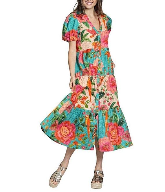 APNY Woven Floral Print V-Neck Short Sleeve Shift Midi Dress Product Image