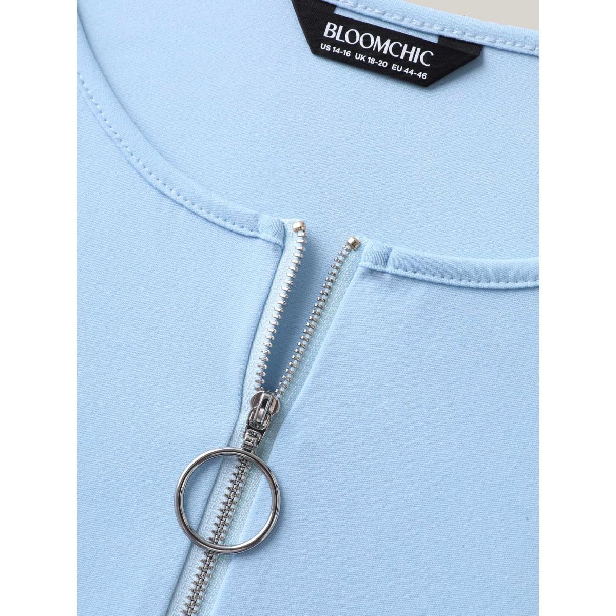 Plus Size Zipper Stretchy Cinched-Waist Pockets Midi Dress LightBlue Women Round Neck Short sleeve Curvy BloomChic 22-24/3X Product Image