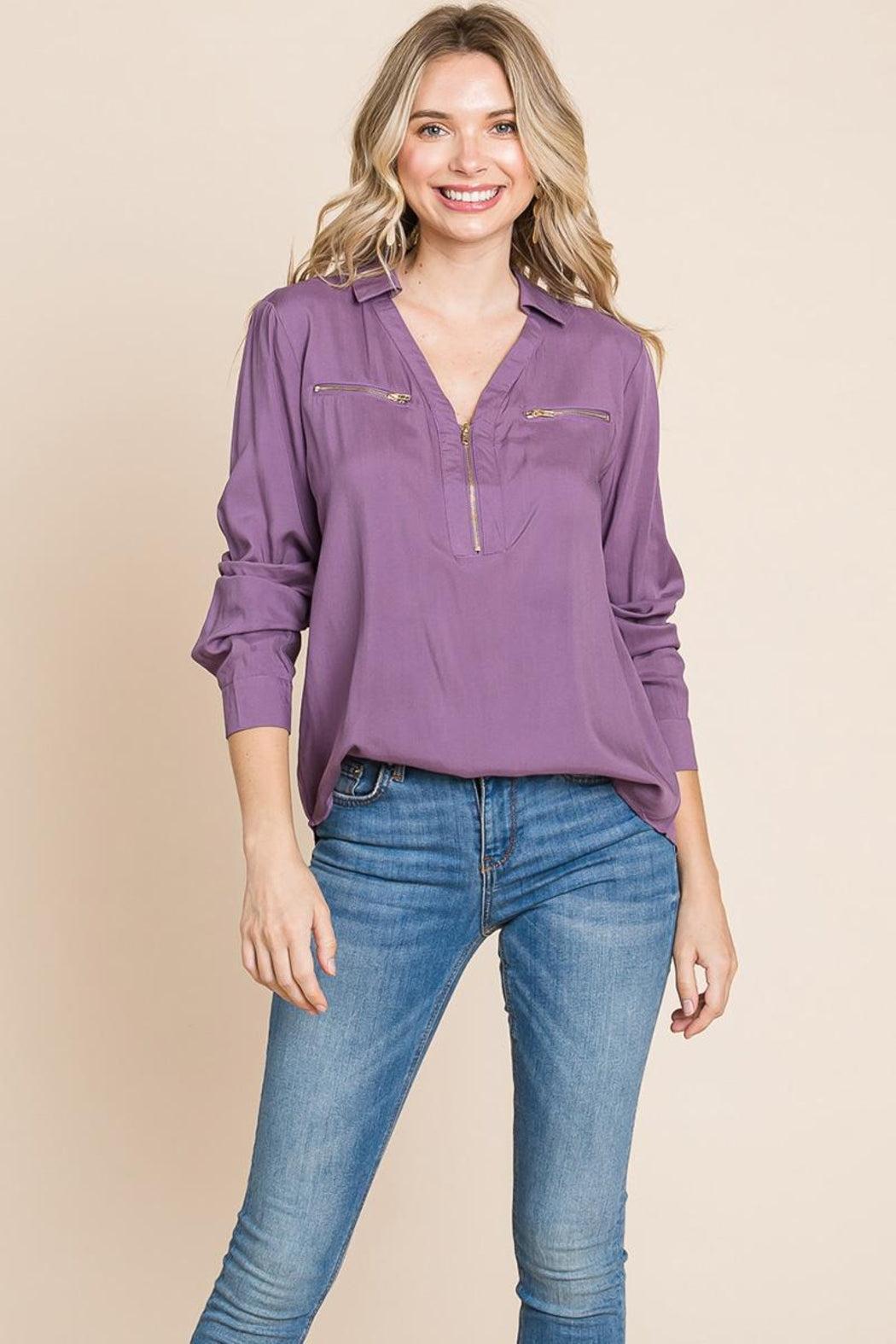V Neck Front Zip Up Long Sleeve Top Product Image