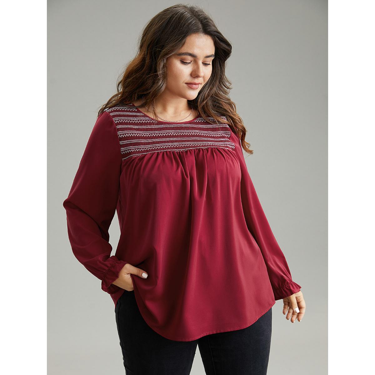 Plus Size Scarlet Contrast Trim Plicated Detail Flutter Sleeve Blouse Women Office Long Sleeve Round Neck Office Blouses BloomChic 30/6X Product Image