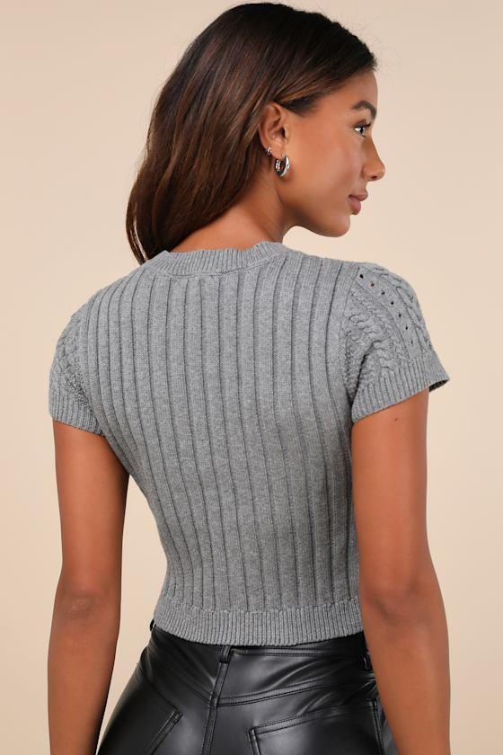 Modish Ways Heather Grey Cable Knit Short Sleeve Sweater Top Product Image
