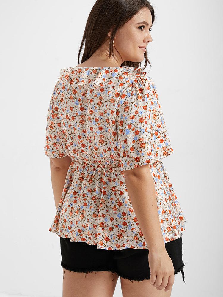 Ditsy Floral V Neck Ruffle Tie Front Blouse Female Product Image