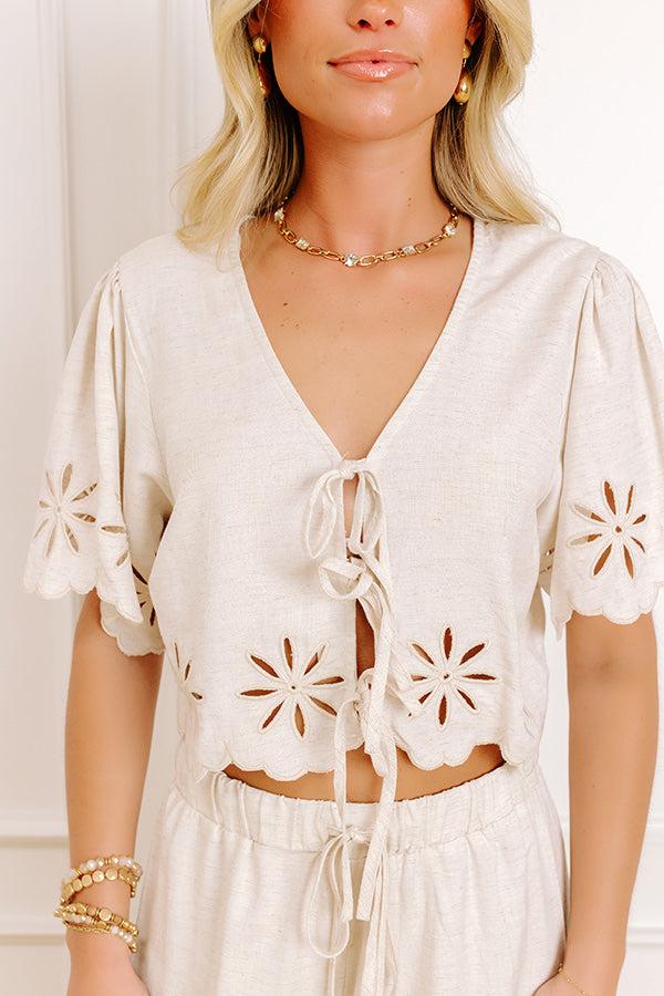 Sicily Stroll Linen-Blend Embroidered Top in Oatmeal Product Image