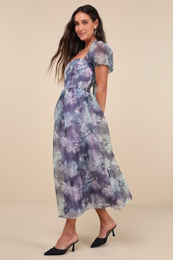 Lovely Statement Purple Floral Organza Tie-Back Midi Dress Product Image