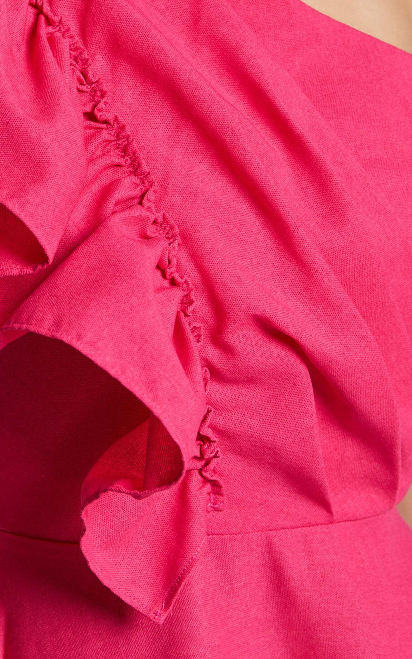 Dixie Midi Dress - Linen Look One Shoulder Ruffle Dress in Raspberry Product Image