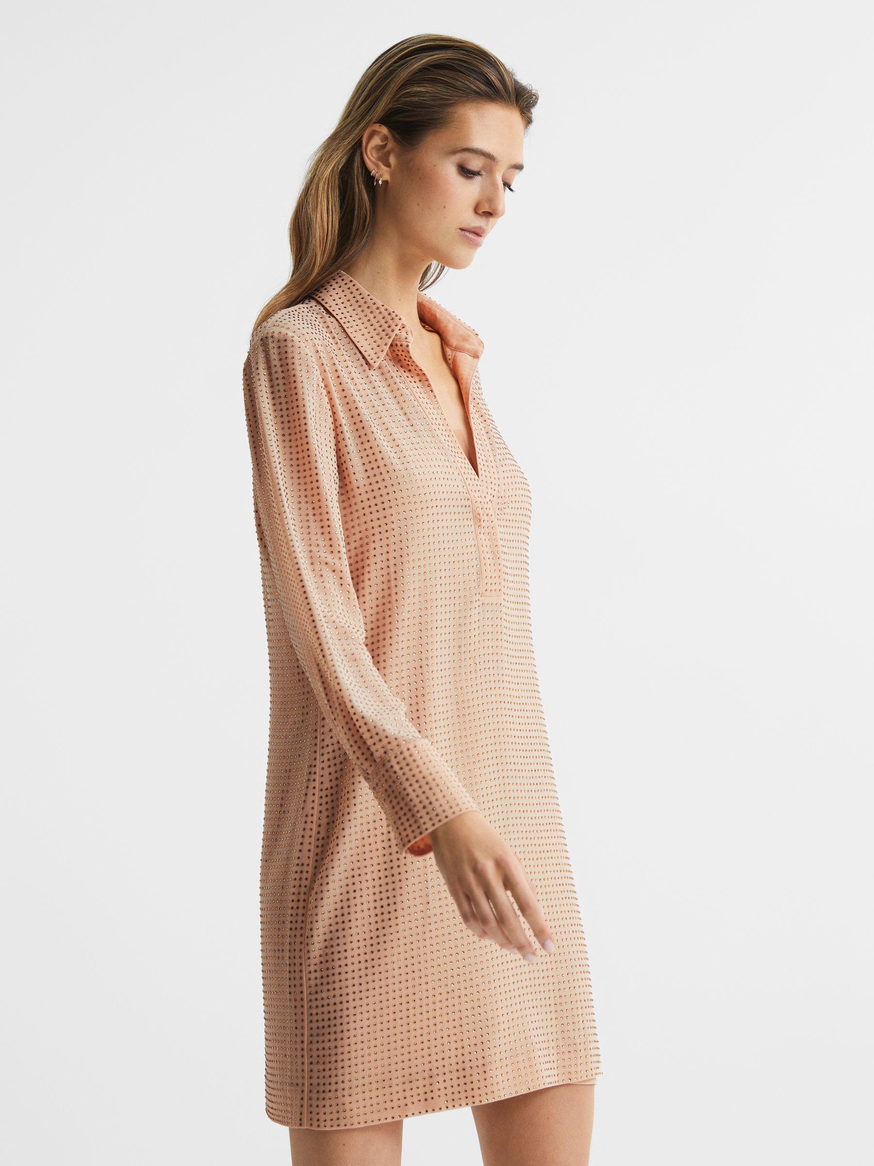 Embellished Mini Shirt Dress in Nude Product Image