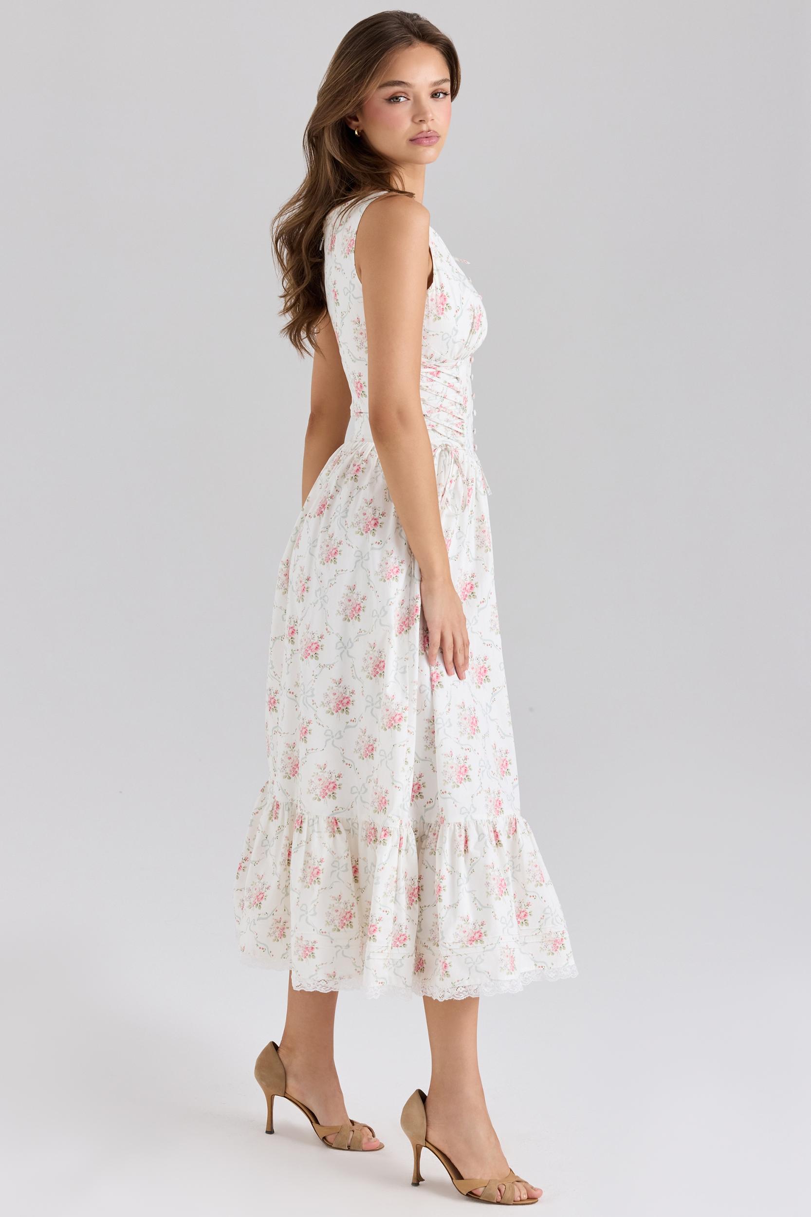 Sienna  rose print stretch cotton lace up midi dress Product Image