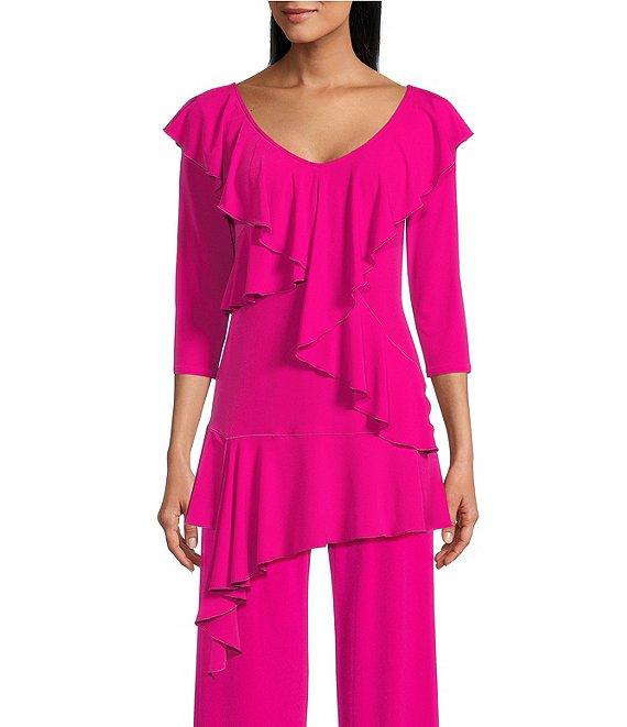 Eva Varro Knit Jersey V-Neck 3/4 Sleeve Asymmetric Ruffled Tunic Product Image