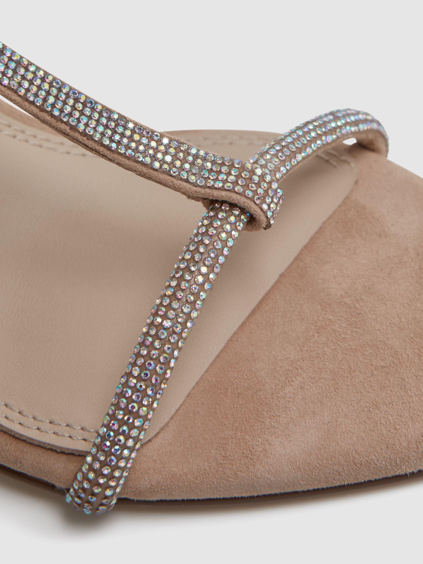 Embellished Suede Heeled Sandals in Nude Product Image