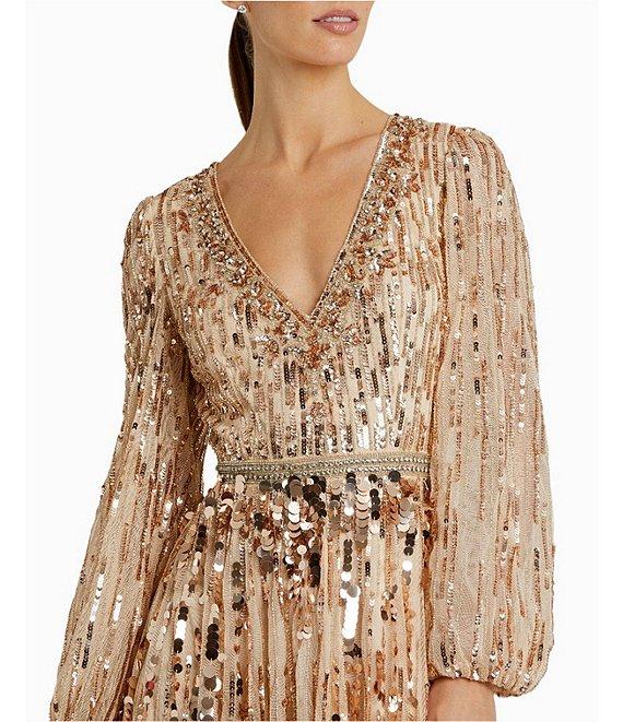 Mac Duggal Embellished Mesh Long Sleeves V-Neck Ball Gown Product Image