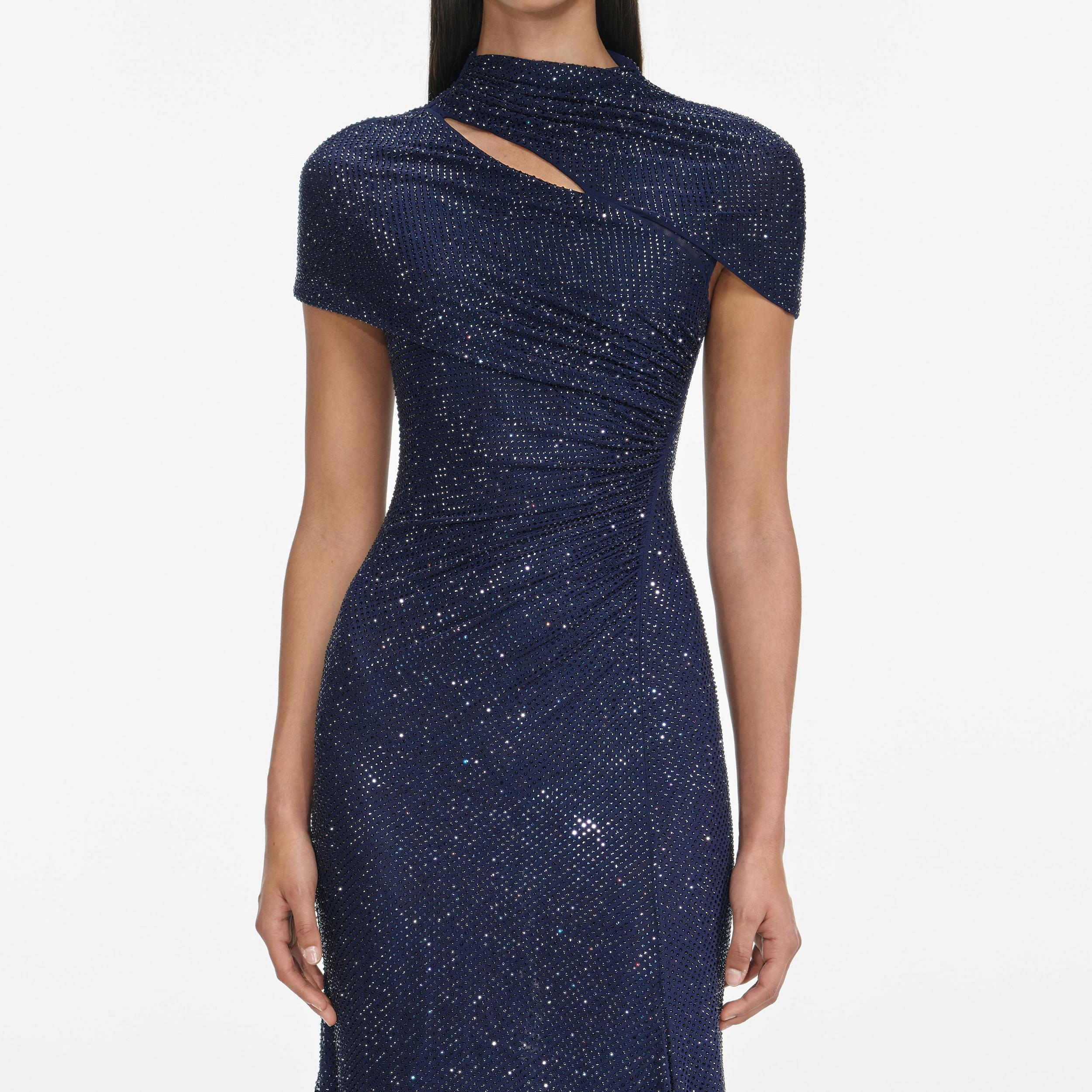 Navy Rhinestone Mesh Cut Out Midi Dress Product Image