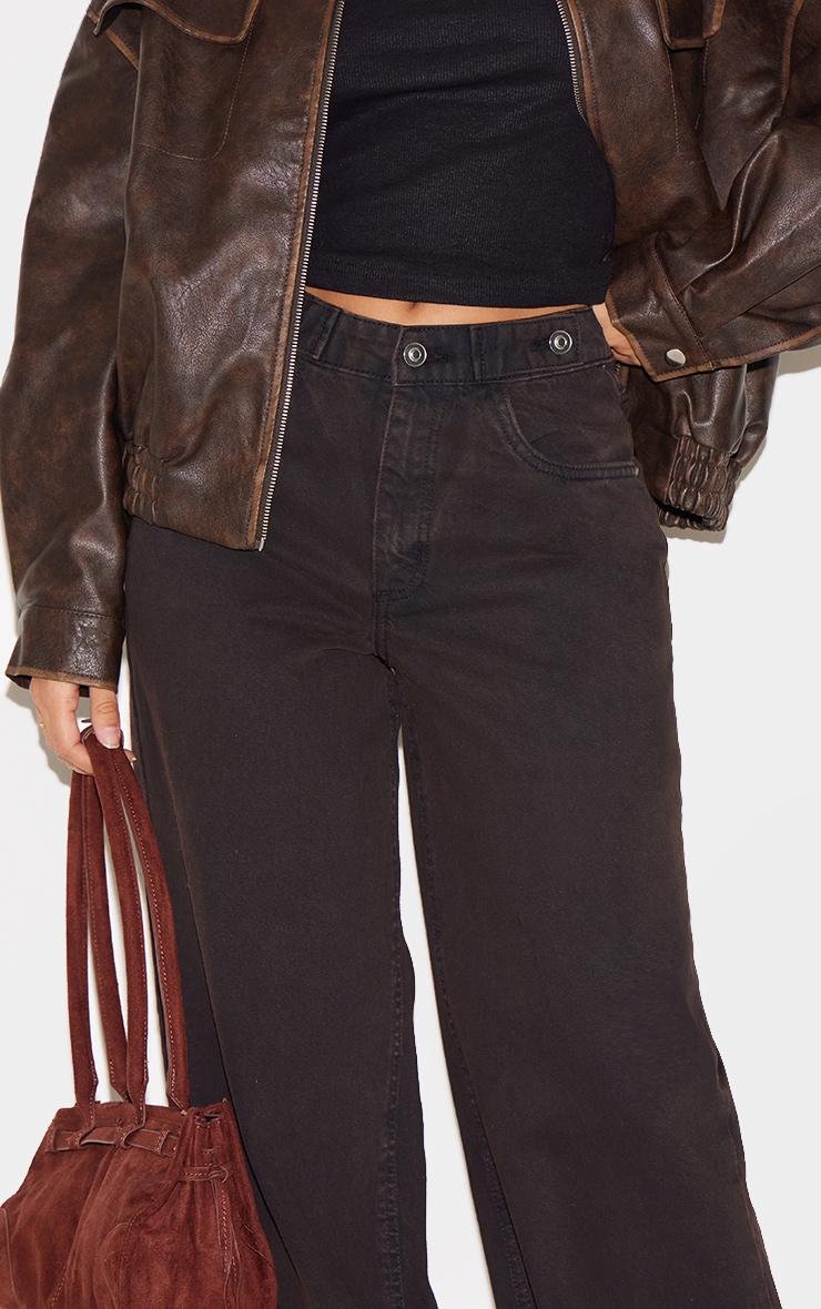 Dark Chocolate Mid Rise Button Waistband Wide Leg Jeans Product Image