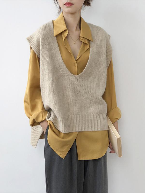 Knitting Irregularity Solid V-Neck Vest Product Image