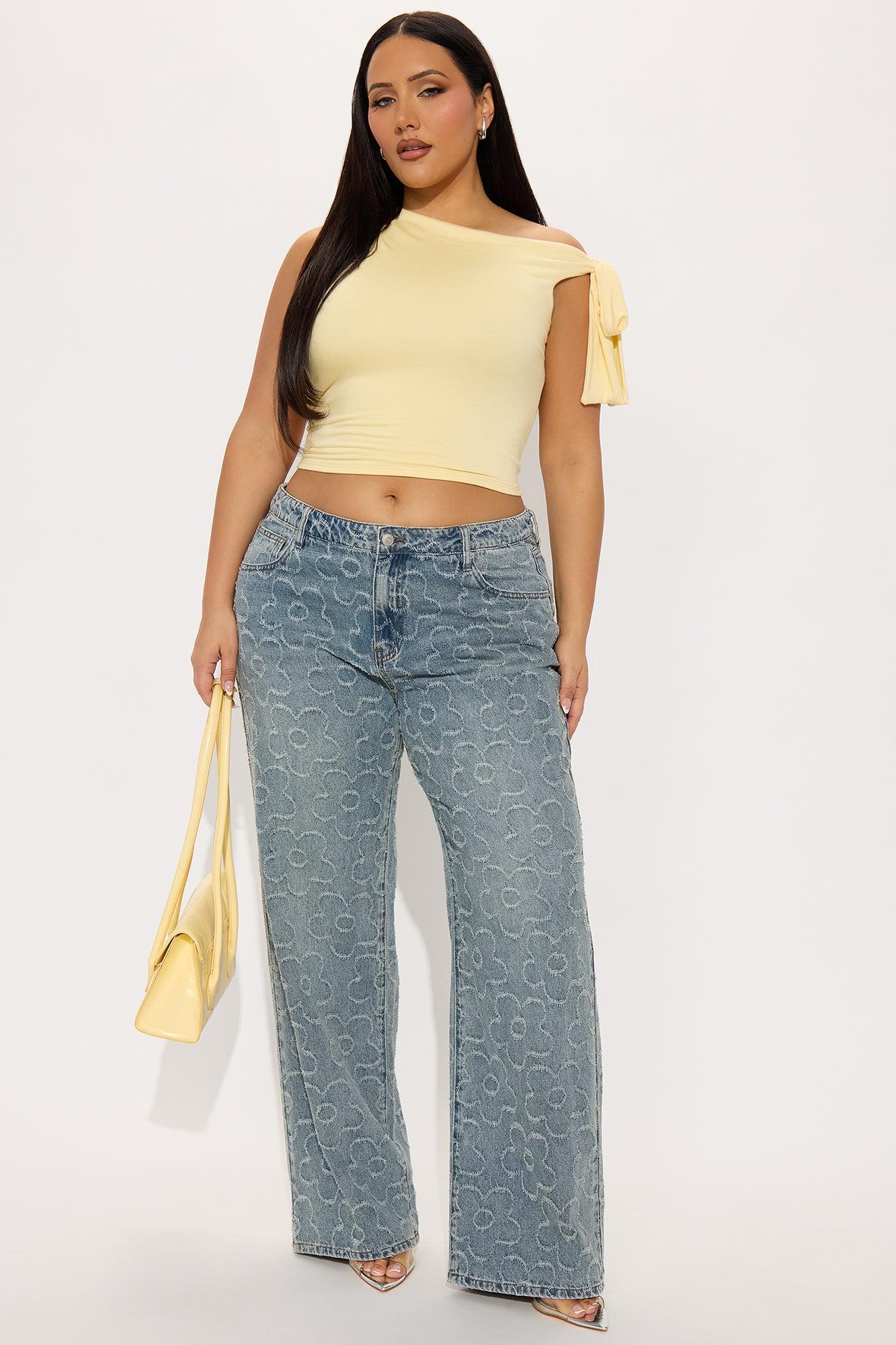 Flower Power Jacquard Wide Leg Jeans - Medium Wash Product Image