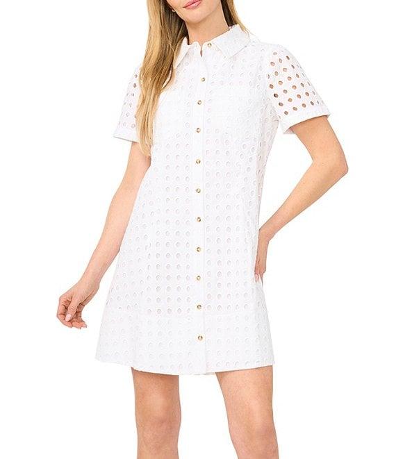 CeCe Eyelet Point Collar Short Sleeve Shirt Dress Product Image