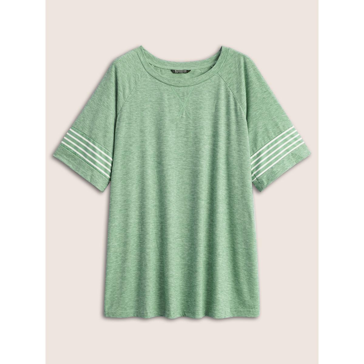 Plus Size Striped Contrast Raglan Sleeve Crew Neck T-shirt Mint Women Casual Plain Everyday T-shirts BloomChic 22-24/3X Product Image