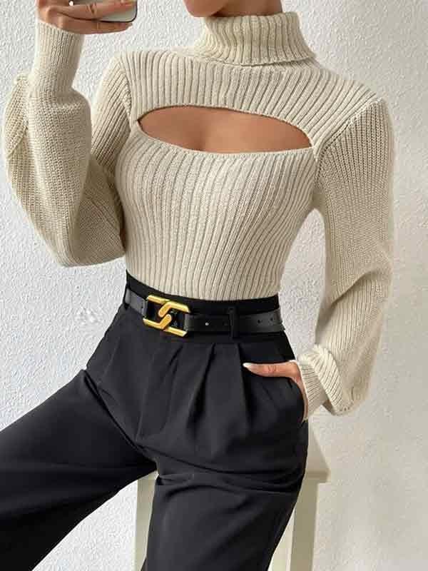 Solid Cutout High Neck Sweater Product Image