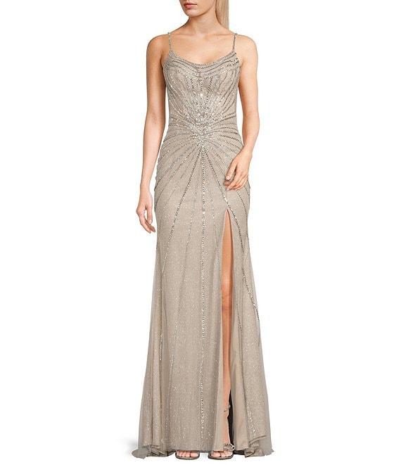 GB Sleeveless Scoop Neck Illusion Back Slit Hem Beaded Glitter Long Dress Product Image