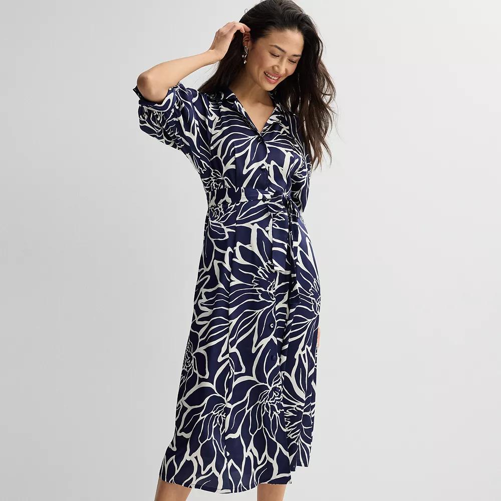 Women's Sandra Darren Floral Midi Shirt Dress, Size: Medium, Navy White Product Image