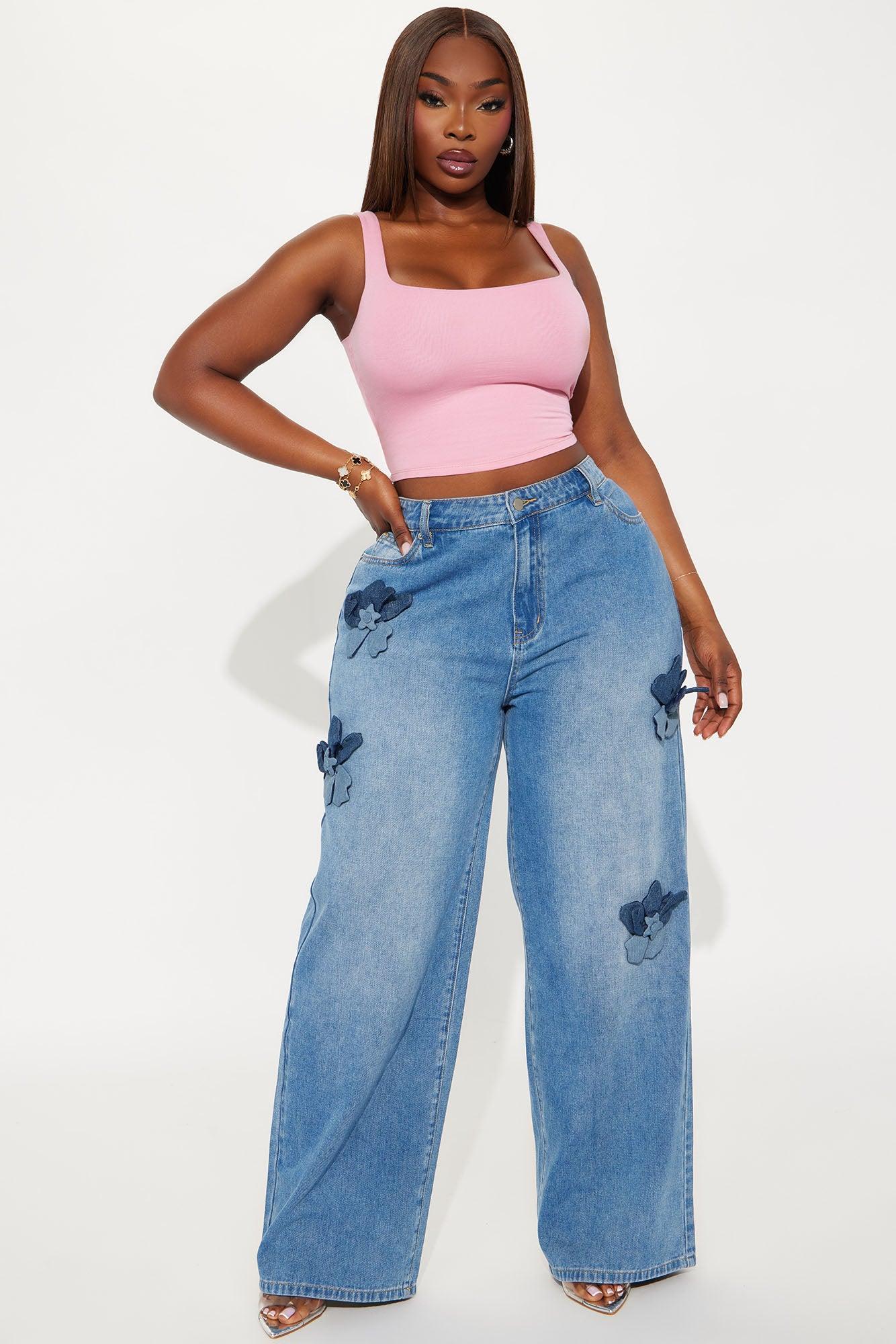 Floria Baggy Flower Applique Jeans - Medium Wash Product Image