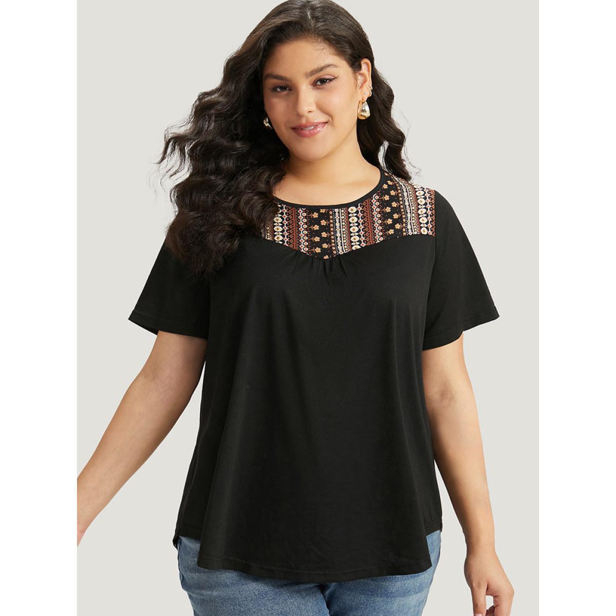 Plus Size Bandana Striped Patchwork Gathered T-shirt Black Women Elegant Printed Bohemian Print Round Neck Dailywear T-shirts BloomChic 12/L Product Image