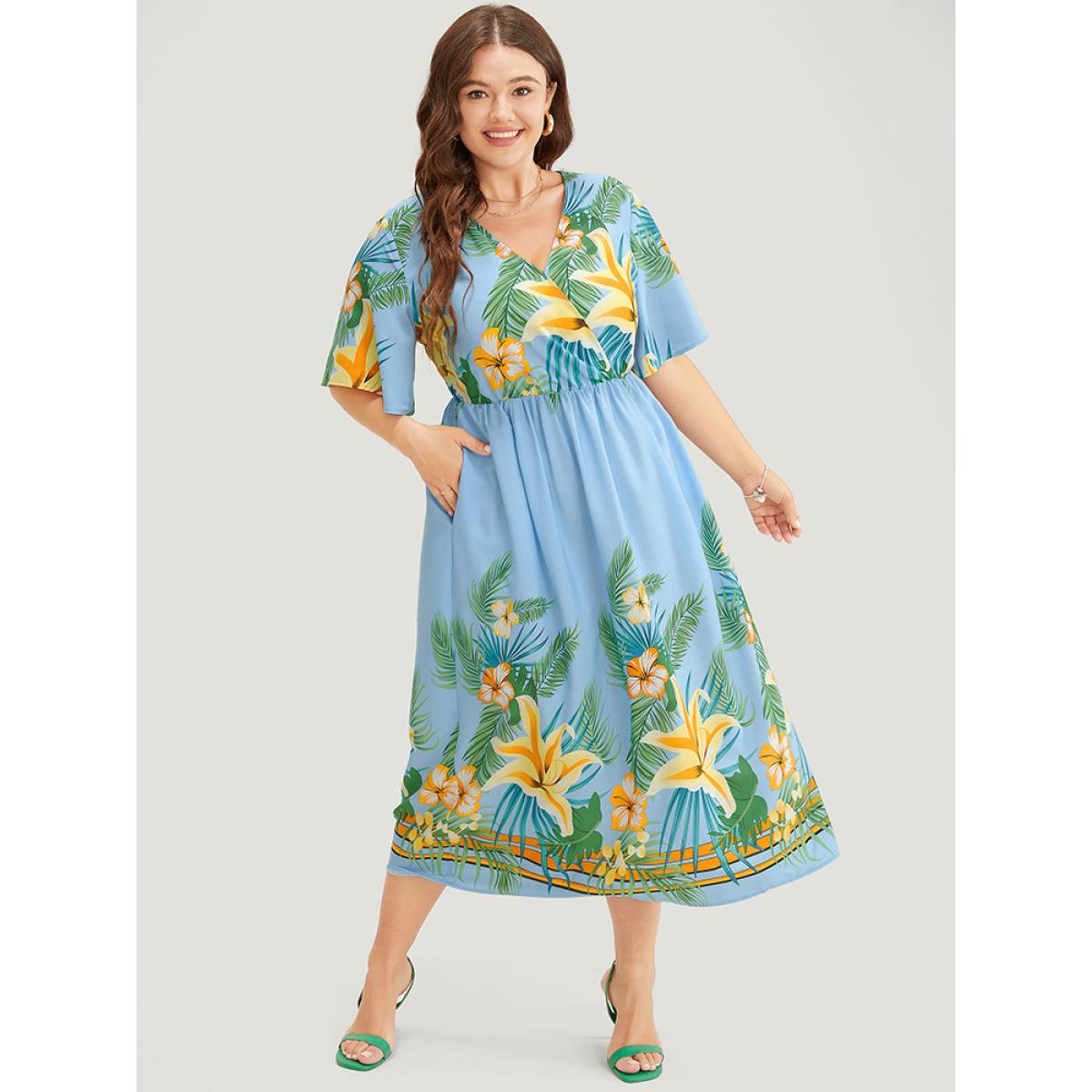 Plus Size Tropical Print Ruffle Sleeve Wrap Pocket Midi Dress LightBlue Women Elegant Elastic Waist V-neck Short sleeve Curvy Midi Dress BloomChic 14-16/1X Product Image