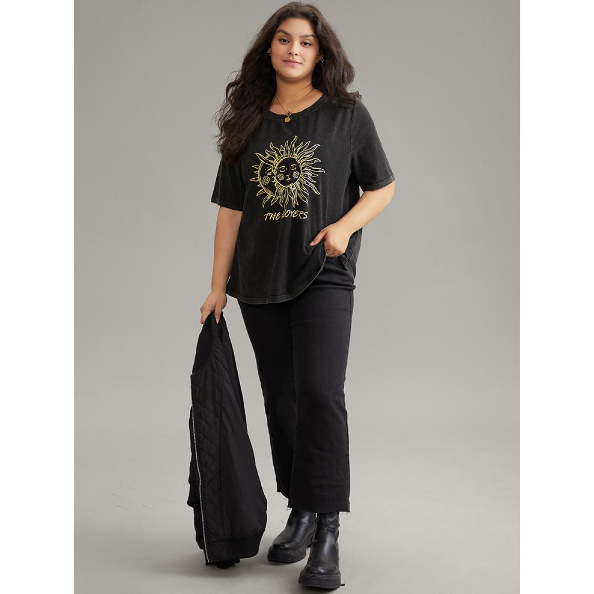 Plus Size Vintage Horoscope Print Crew Neck T-shirt Black Women Elegant Printed Tarot elements Dailywear T-shirts BloomChic 26/4X Product Image