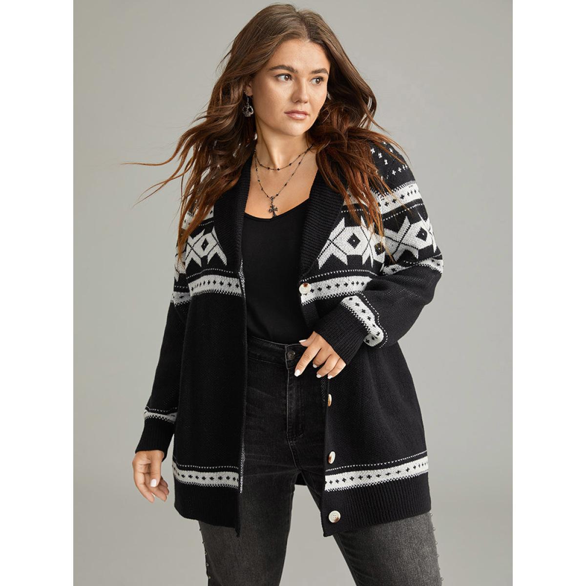 Plus Size Geometric Contrast Button Through Cardigan Black Women Casual Loose Long Sleeve Dailywear Cardigans BloomChic 12/L Product Image