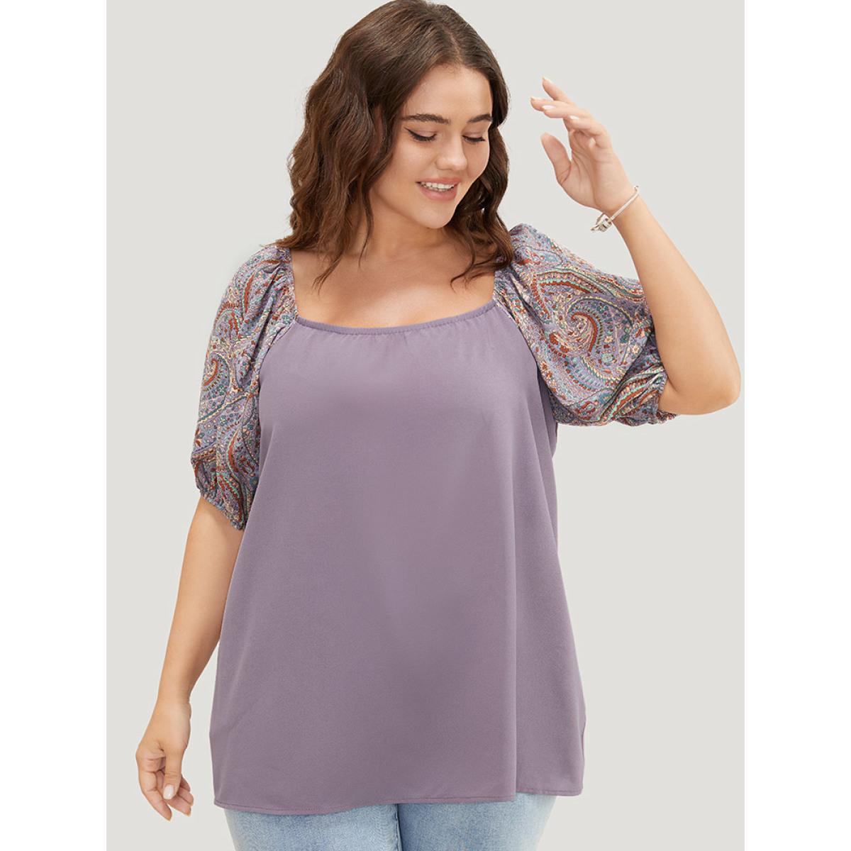 Plus Size Mauve Paisley Print Puff Sleeve Blouse Women Elegant Short sleeve Round Neck Dailywear Blouses BloomChic 30/6X Product Image