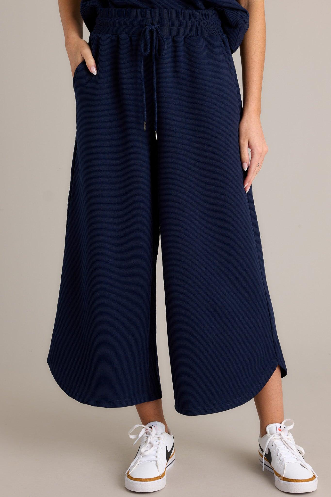 Sand Dune Navy Ribbed Wide Leg Pants Product Image