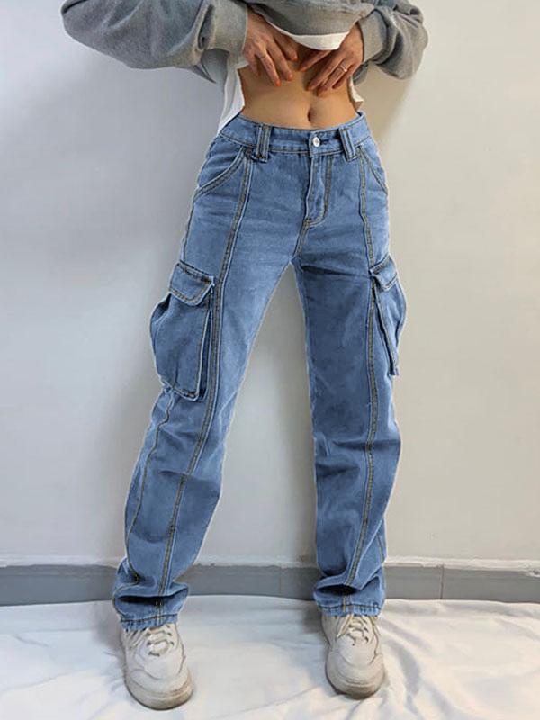 Washed Mid Waist Pocket Cargo Jeans Product Image