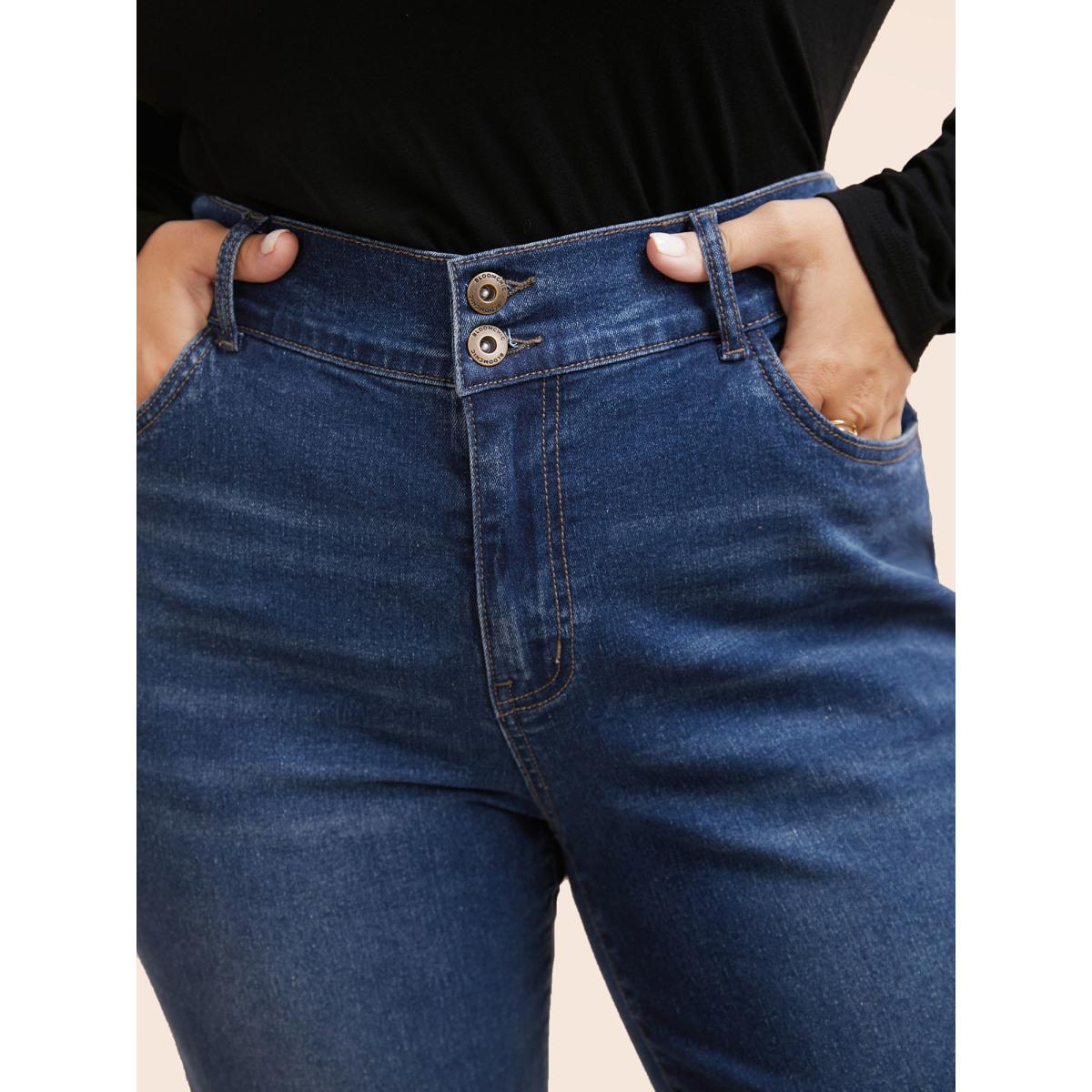 Plus Size Dark Wash Slanted Pocket Straight Leg Jeans Women Denimblue Casual Button Medium stretch Slanted pocket Jeans BloomChic 30/6X Product Image