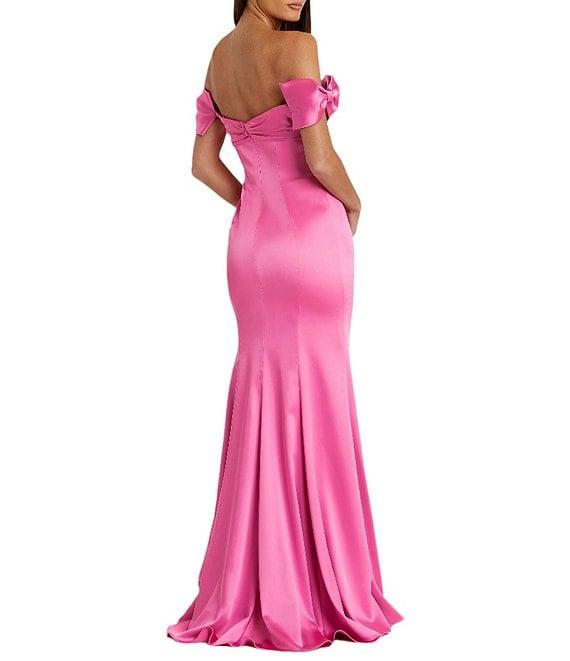 Mac Duggal Satin Off-The-Shoulder Neck Short Sleeve Bow Detail Gown Product Image