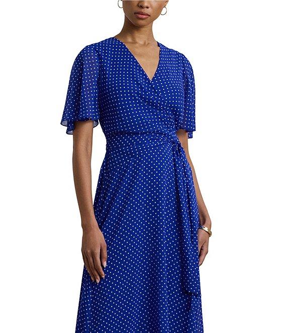 Lauren Ralph Lauren Polka Dotted Crinkle Georgette Surplice V-Neck Flutter Sleeve Faux Wrap Midi Dress Product Image